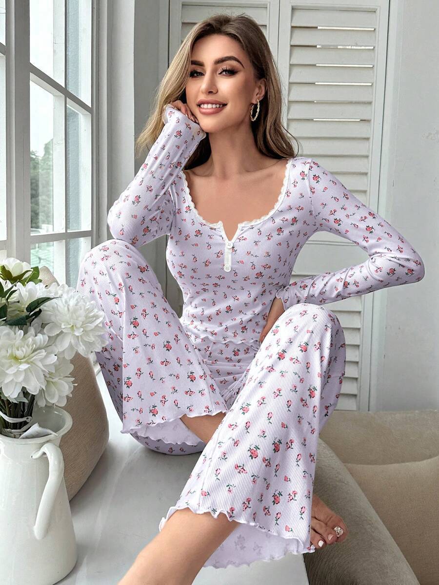 Women’s Floral Print Pajama Set – Long Sleeve Soft Sleepwear & Loungewear