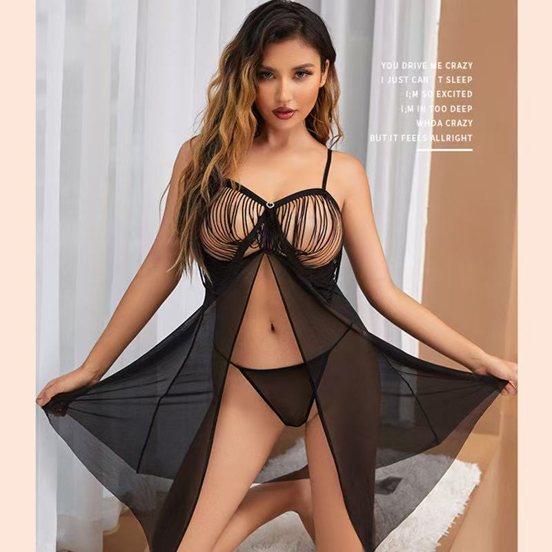 Women’s Sheer Mesh Babydoll Nightdress – Black Lingerie Sleepwear with Panty