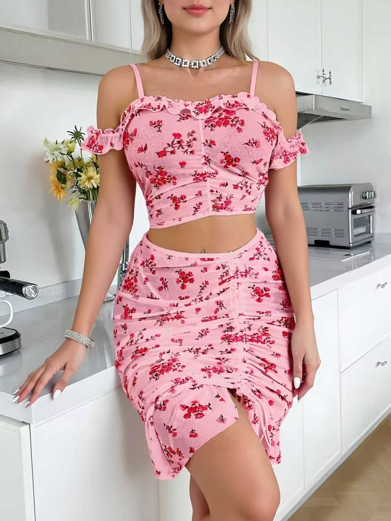 Women’s Floral Off Shoulder Crop Top & Ruched Skirt 2 Piece Set