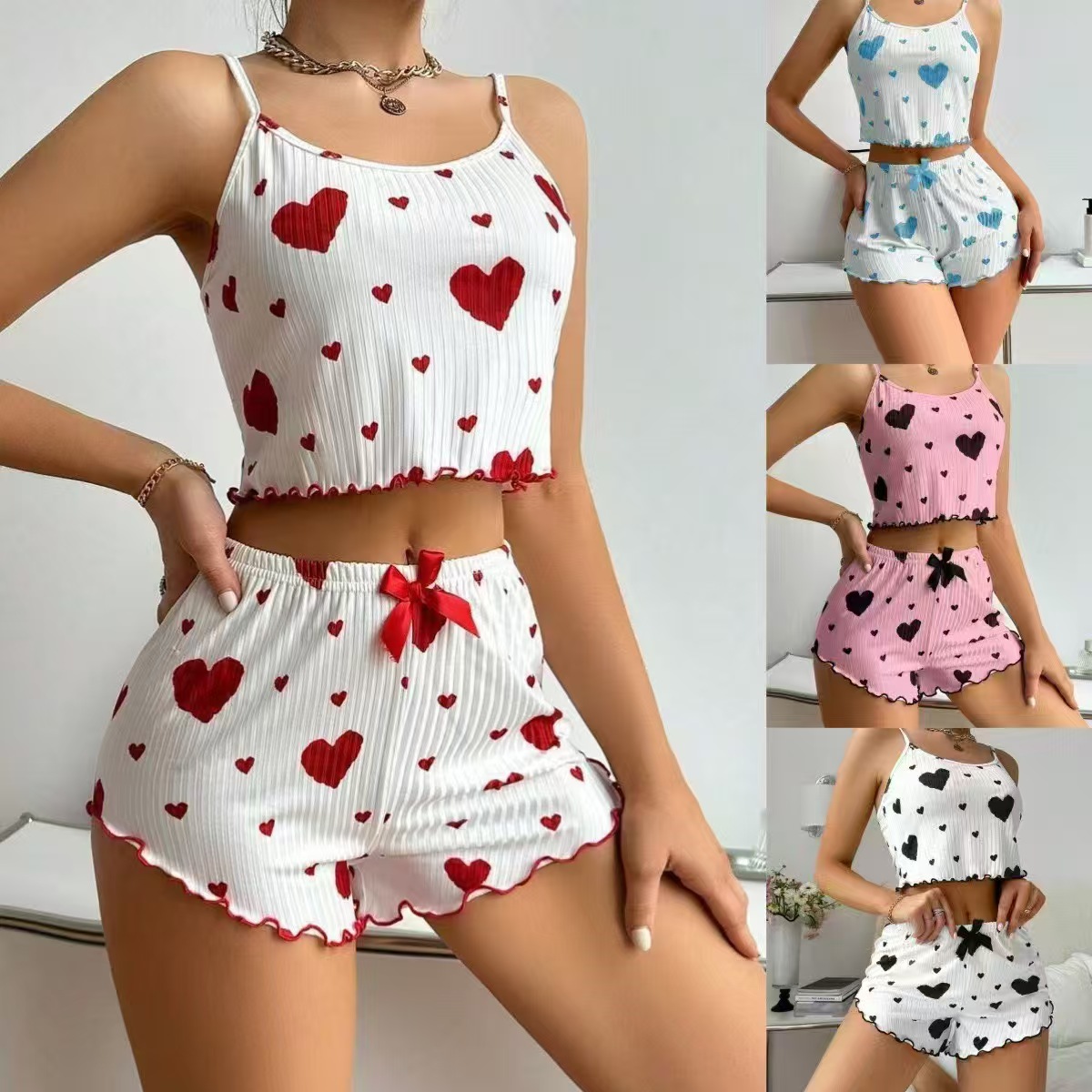 Women’s Heart Print Ribbed Cami Top & Shorts 2 Piece Nightwear Set