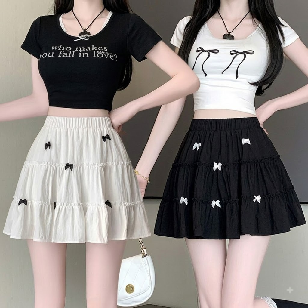 Women’s High-Waist Tiered Bow Mini Skirt with Elastic Waistband