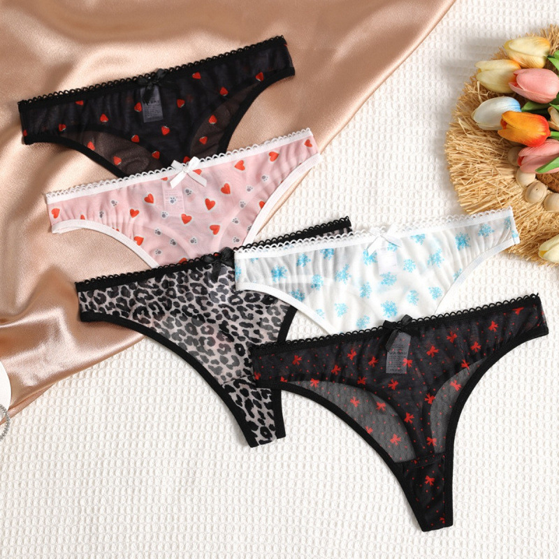 Women’s Sheer Printed Mesh Thong Panties with Lace Trim & Bow Detail