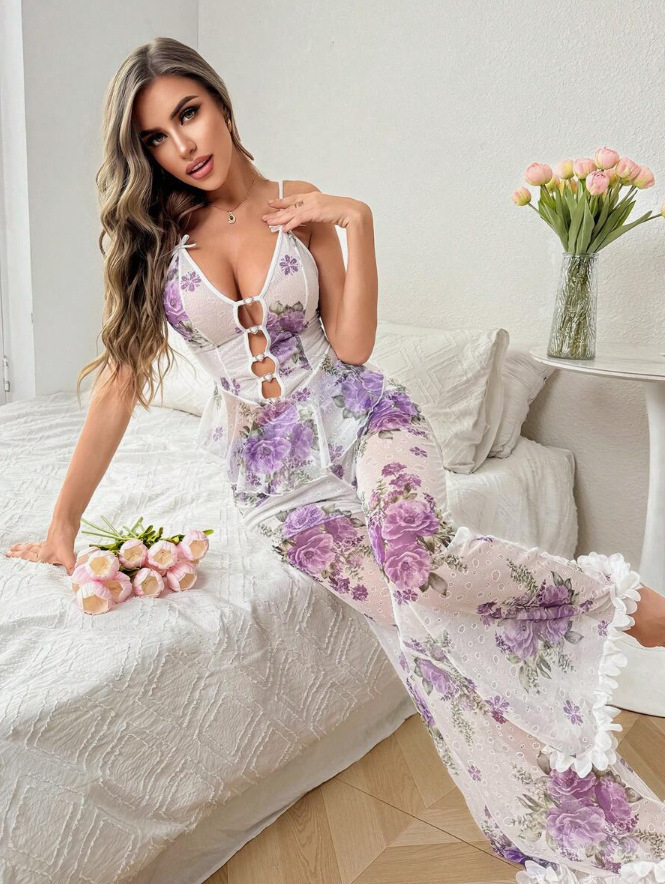 Women’s 2-Piece Sheer Floral Mesh Cami Top and Ruffle Hem Pants Sleepwear Set