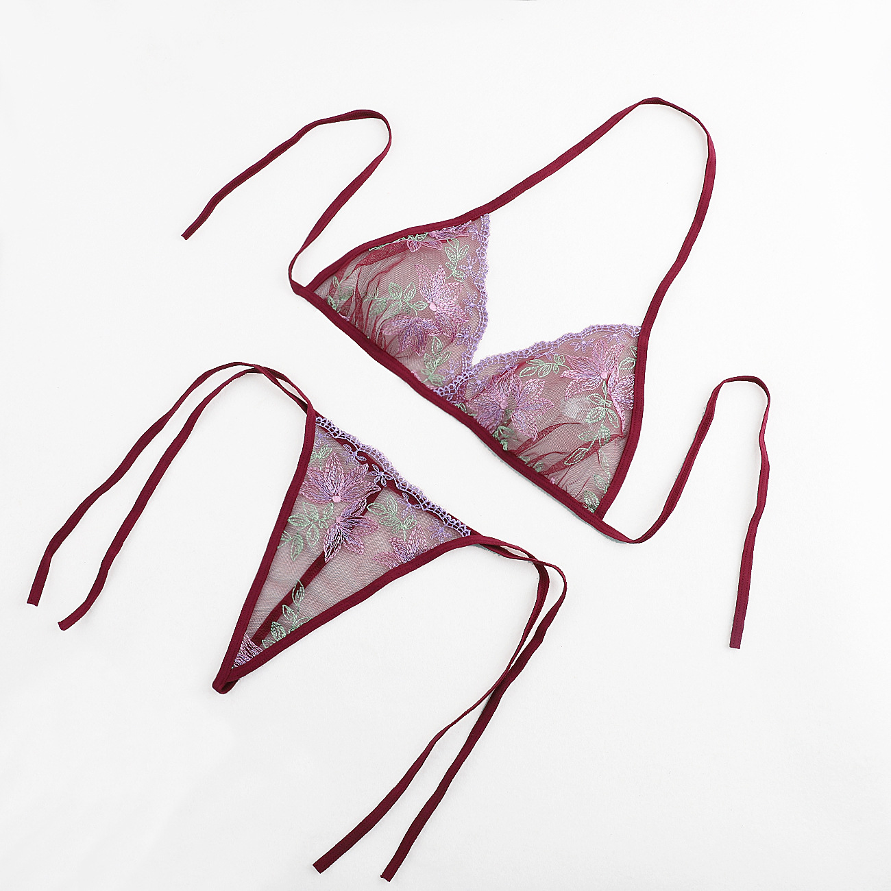 Women’s Floral Embroidery Sheer Lingerie Set – Tie-Up Bra & Thong