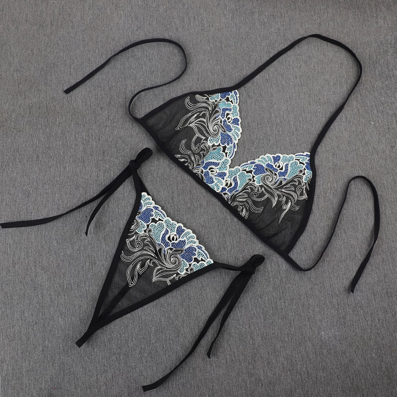 Women’s Black Sheer Embroidered Lingerie Set – Tie-Up Bra & Thong