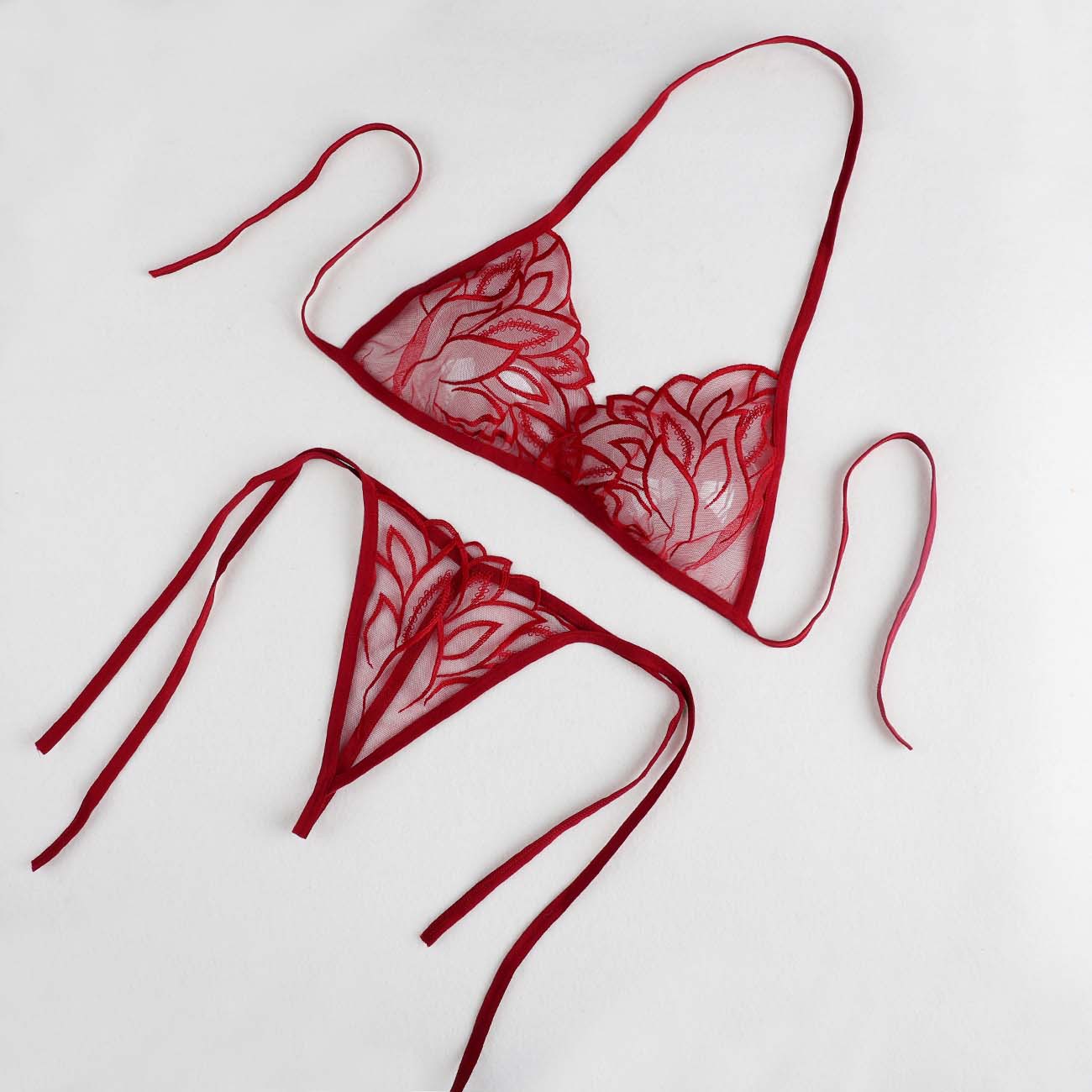 Women’s Red Sheer Rose Embroidery Lingerie Set – Tie-Up Bra & Thong