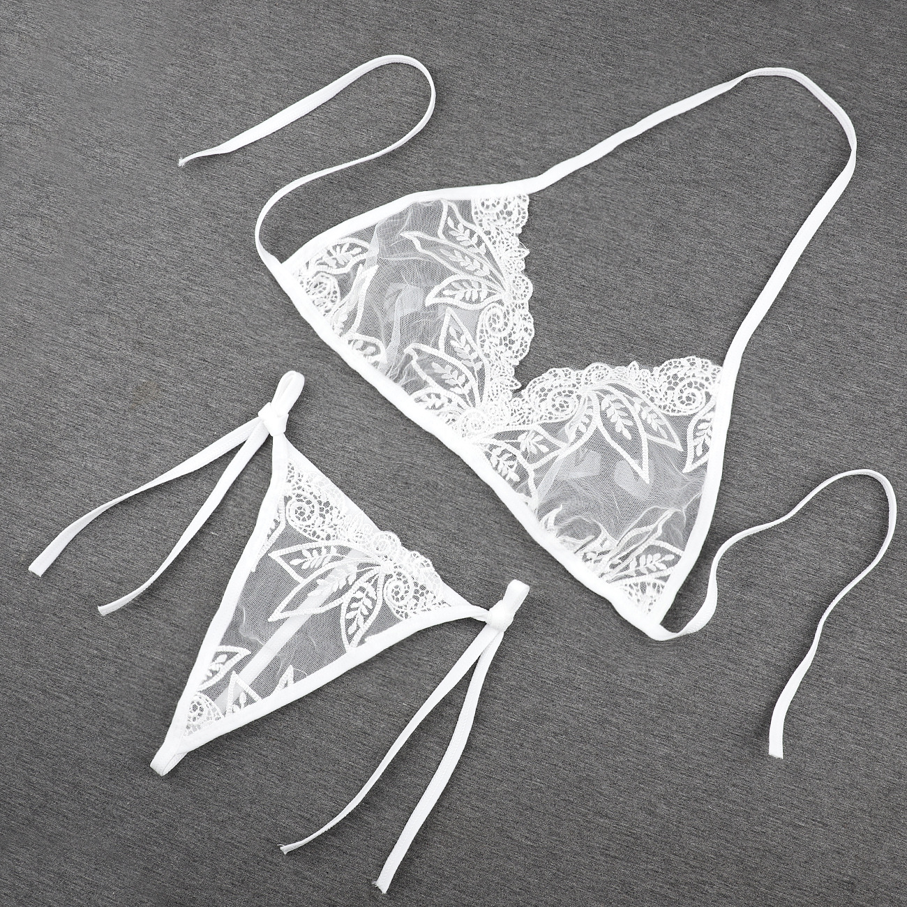 Women’s White Sheer Lace Lingerie Set – Tie-Up Bra & Thong