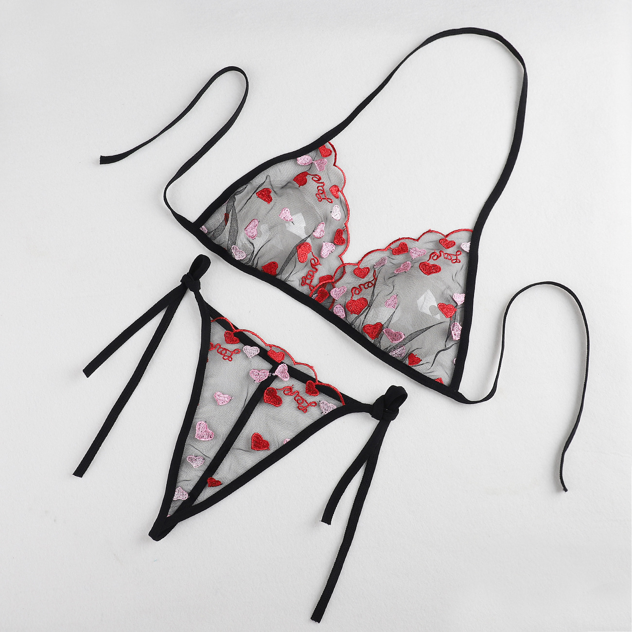 Women’s Black Sheer Heart Embroidery Lingerie Set – Tie-Up Bra & Thong