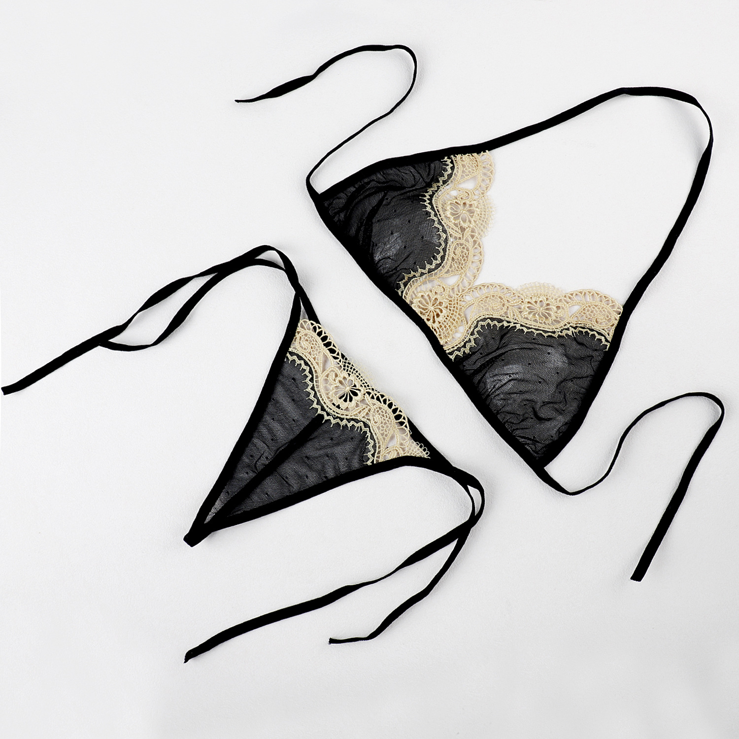 Women’s Black & Gold Sheer Lace Lingerie Set – Tie-Up Bra & Thong