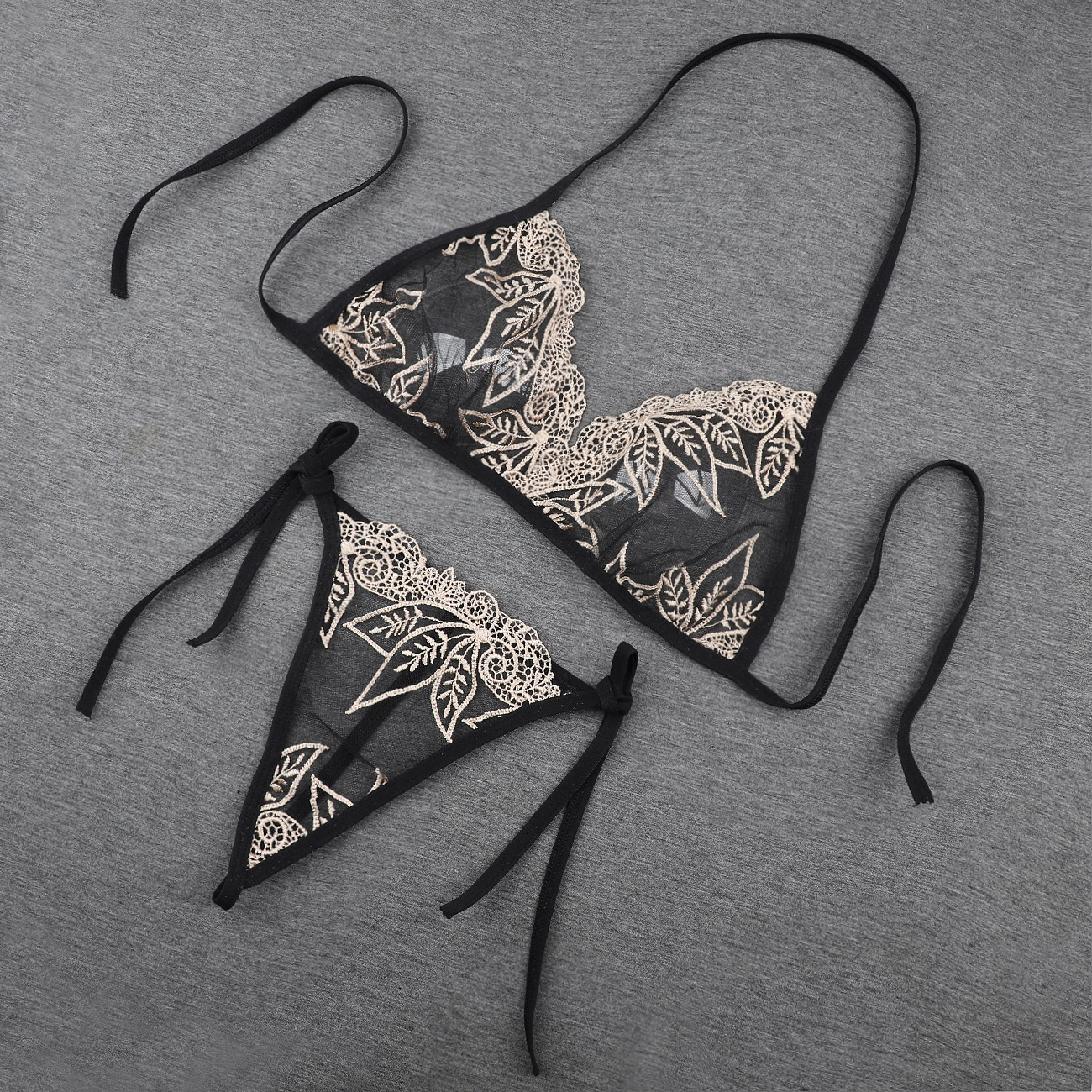 Women’s Black & Beige Floral Lace Lingerie Set – Tie-Up Bra & Thong