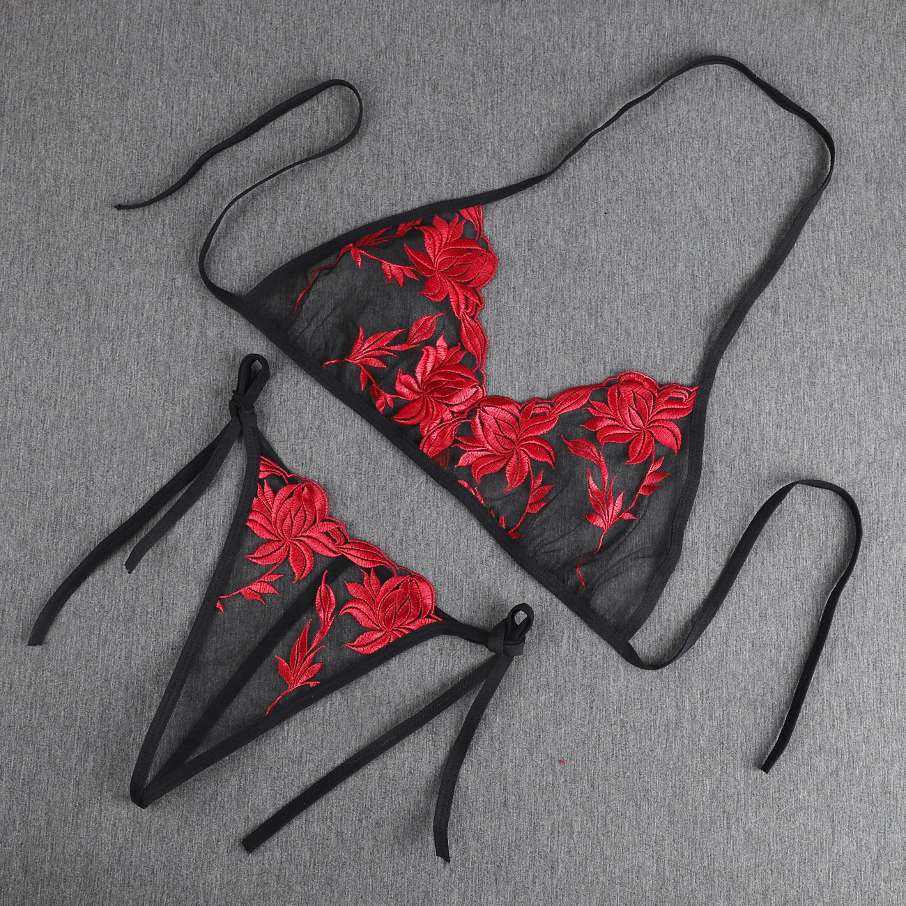 Women’s Black & Red Floral Embroidery Sheer Lingerie Set – Tie-Up Bra & Thong