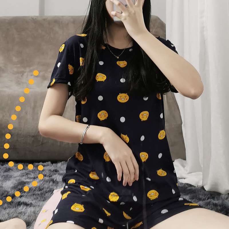 Women’s Cute Cartoon Print Short Pajama Set – Soft T-Shirt & Shorts Nightwear