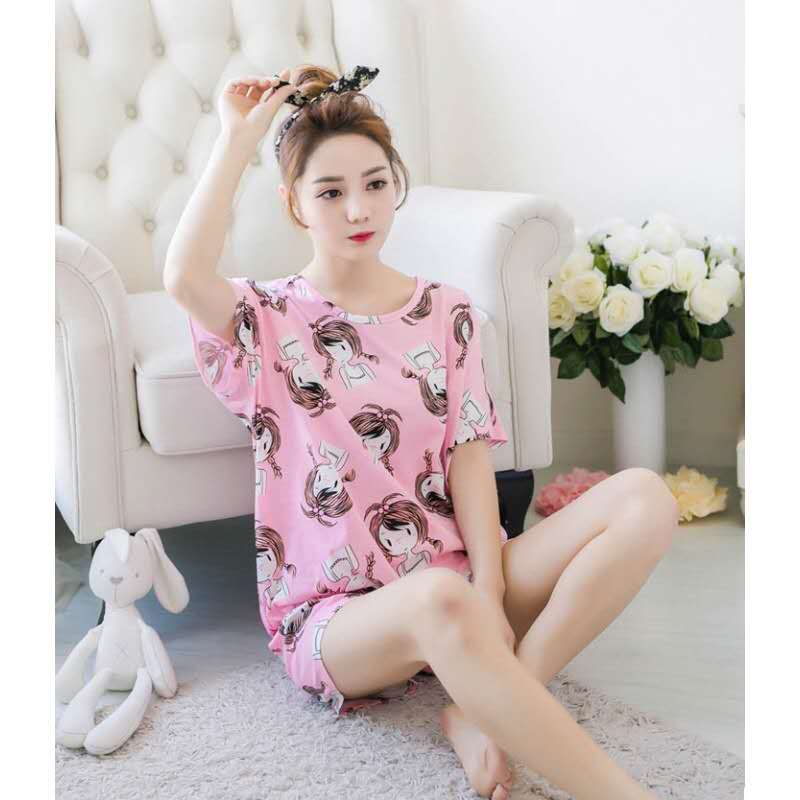 Women’s Pink Cartoon Print Short Pajama Set – Soft T-Shirt & Shorts Nightwear