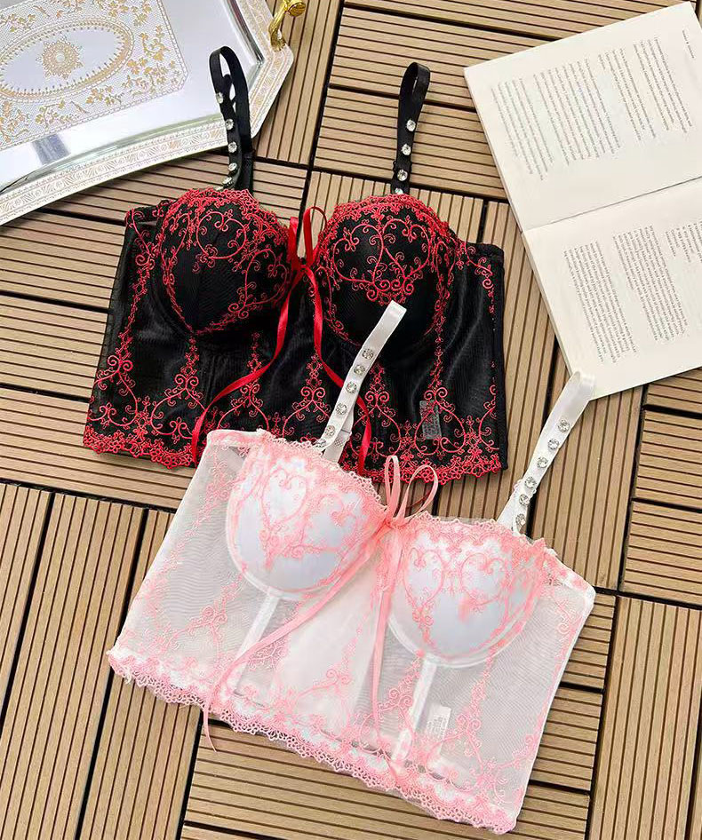 Women’s Embroidered Lace Longline Push Up Bra – Corset Style Bra