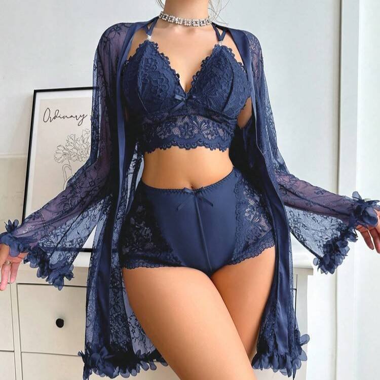 Women’s 3 Piece Lace Lingerie Set with Robe – Elegant Bra & Panty Set