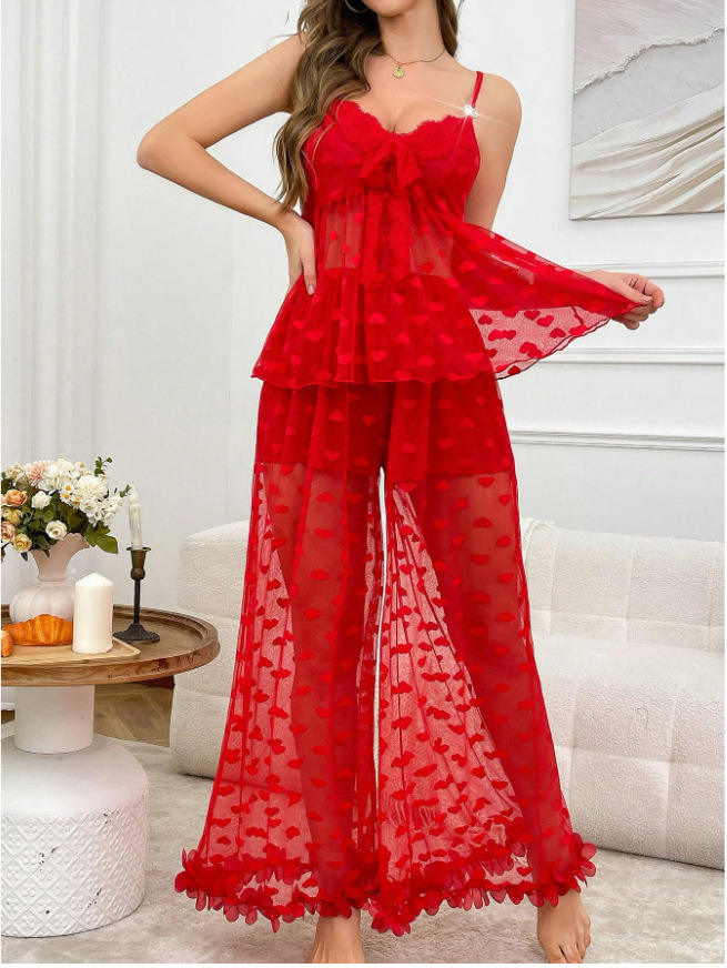 Women’s Red Heart Mesh Nightwear Set – Romantic Top & Palazzo Pajama Set