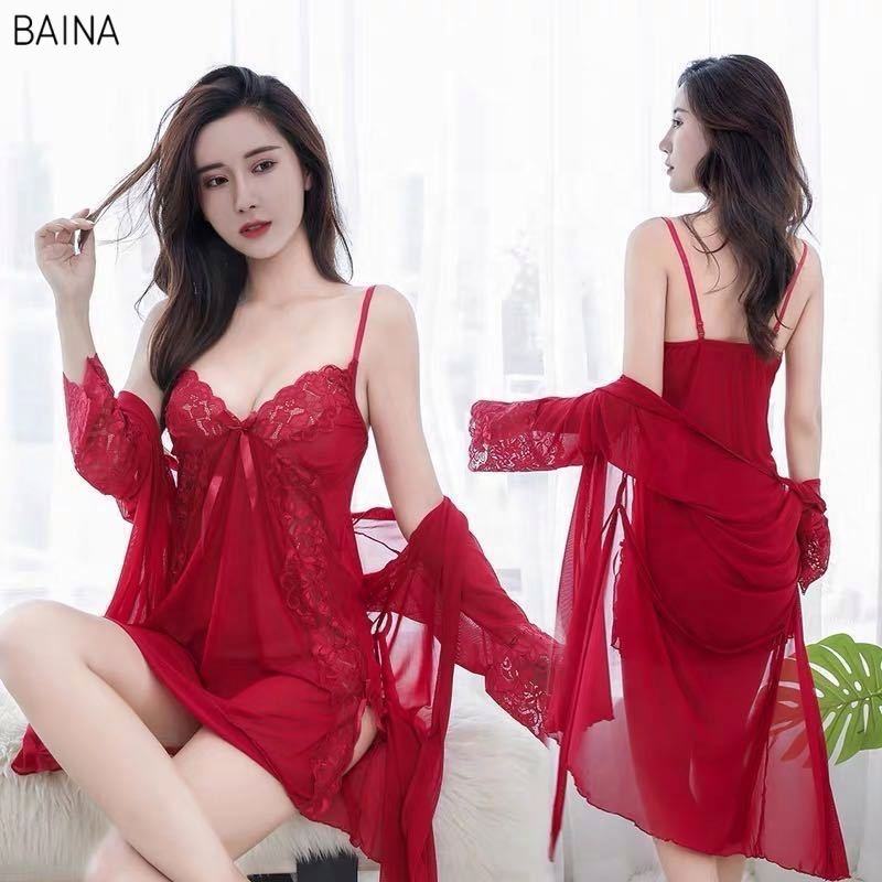 Women’s Lace Babydoll Nightdress with Robe – 2 Piece Romantic Sleepwear Set
