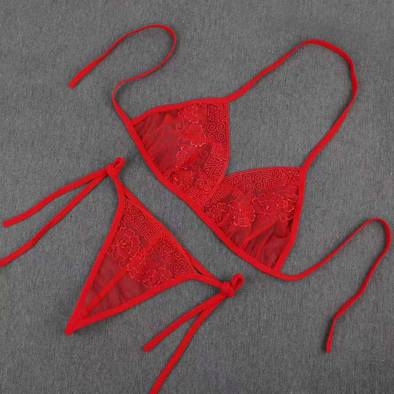 Women’s Red Lace Tie-Up Bra & Panty Set – Sheer Lingerie Set