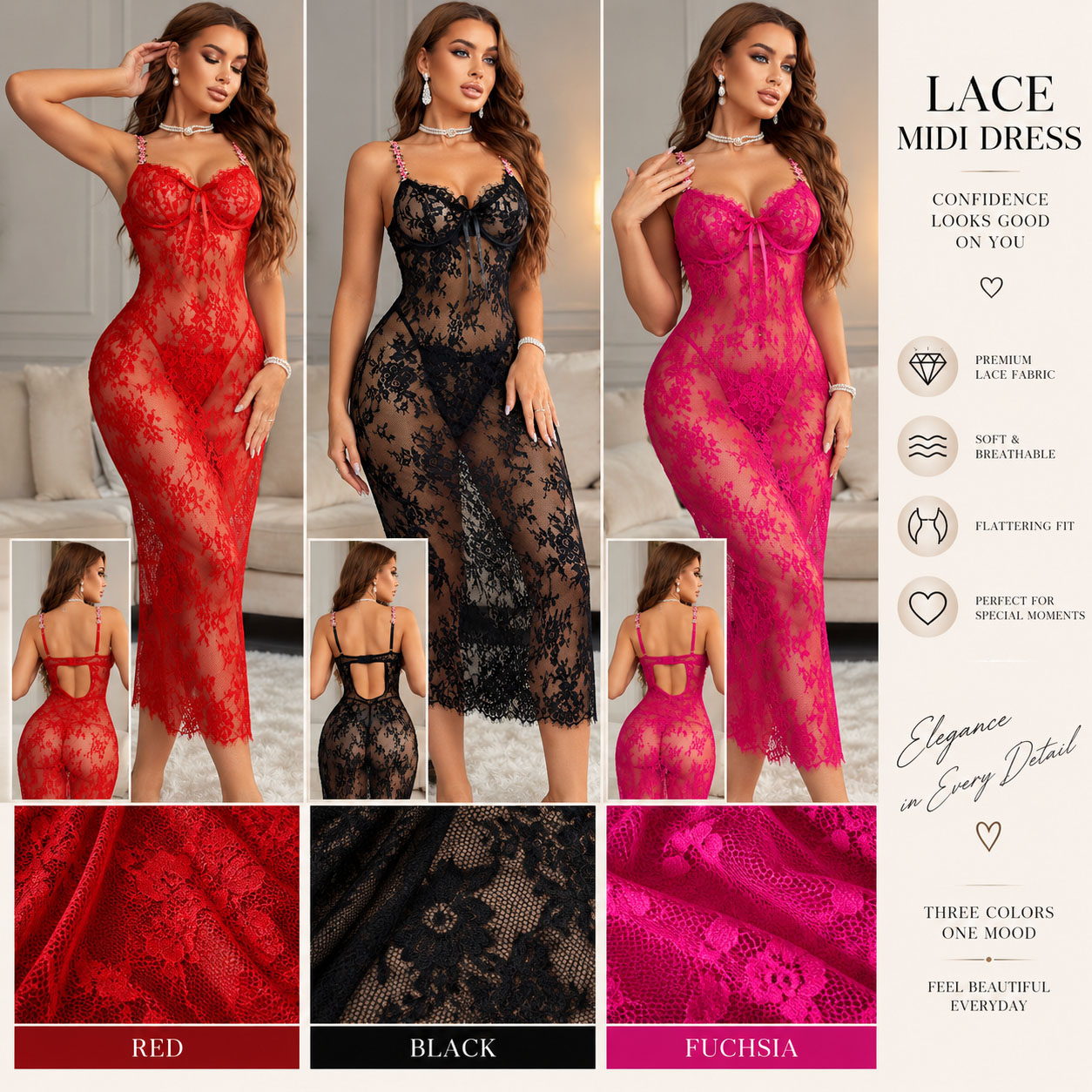 Women’s Sheer Floral Lace Midi Lingerie Dress – Elegant See-Through Nightwear