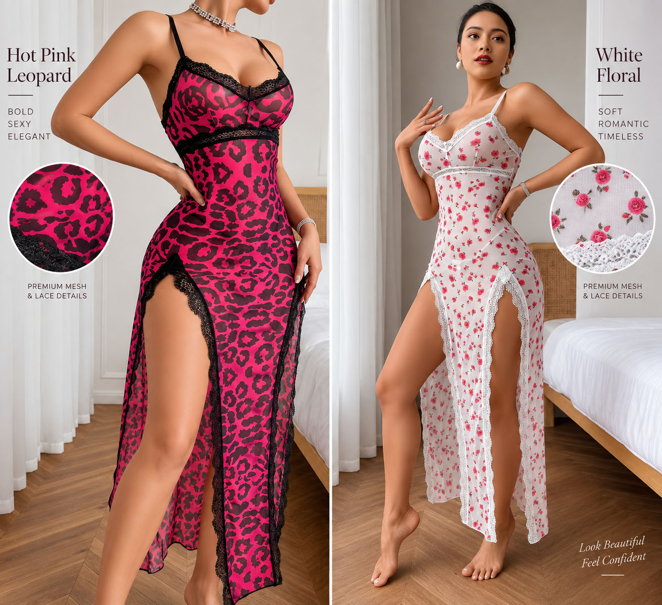Women’s Lace Trim Long Night Dress – Floral & Leopard Print Slit Sleepwear