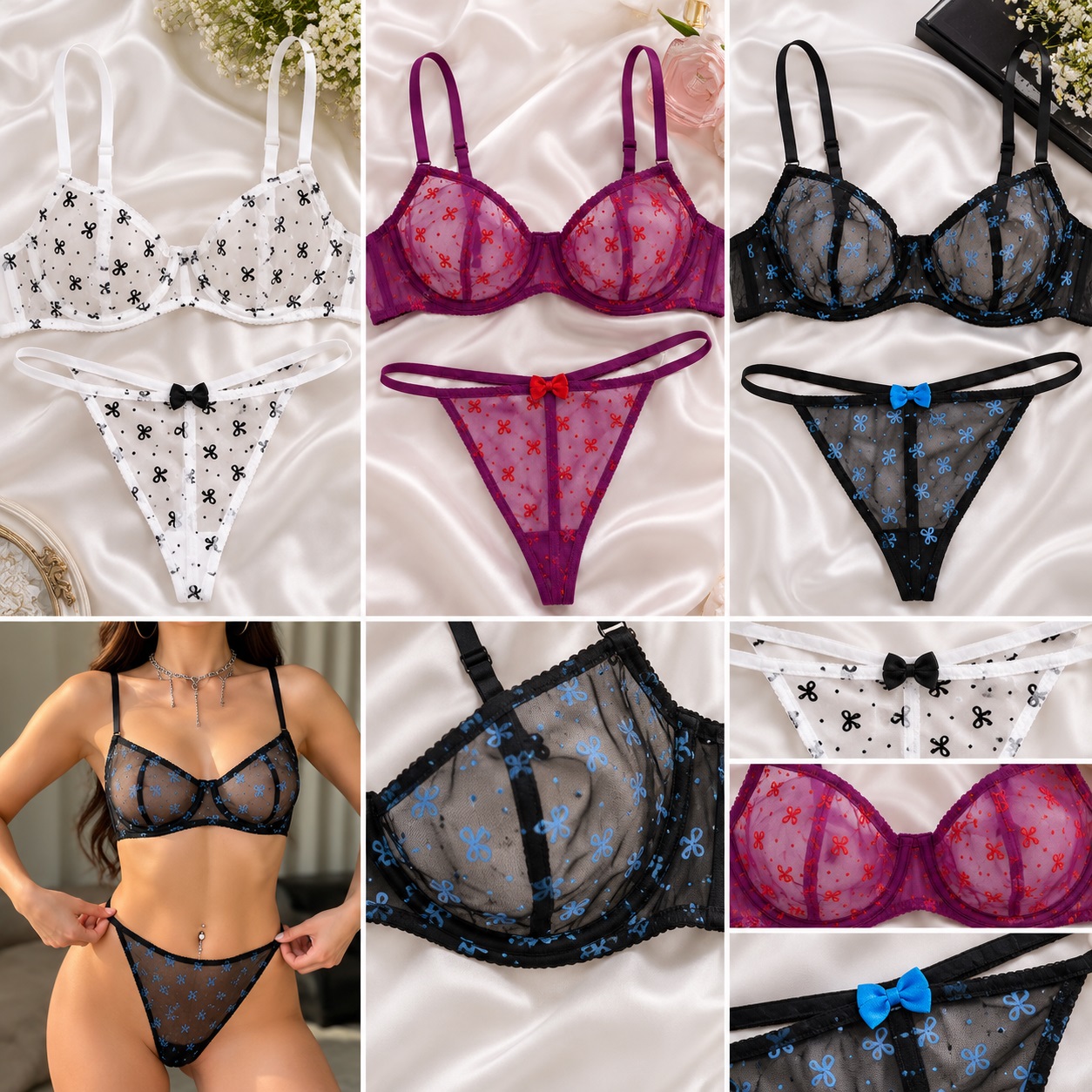 Premium Sheer Mesh Bra & Panty Set – Bow Print Transparent Lingerie Set for Women
