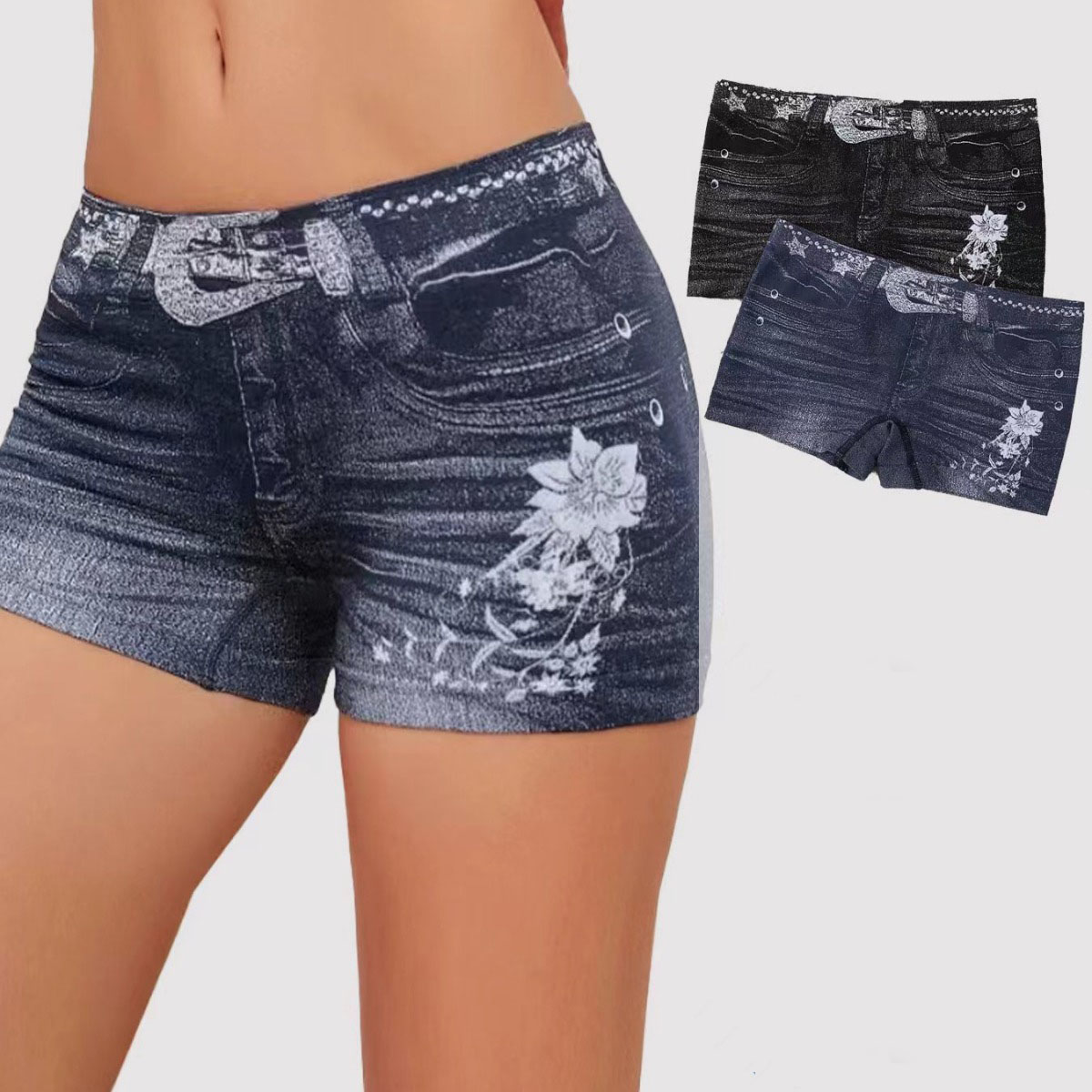 Women’s Denim Look Printed Boyshort Panties with Floral Detail – Jeans Style Short Briefs in Black and Navy Blue