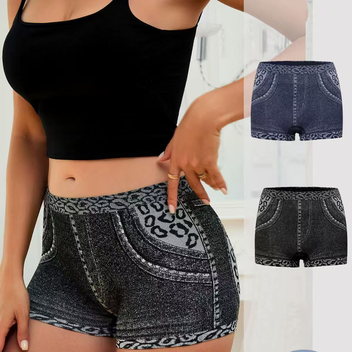 Women’s Denim Look Boyshort Panties with Leopard Print Trim – Jeans Style Short Briefs in Black and Navy Blue