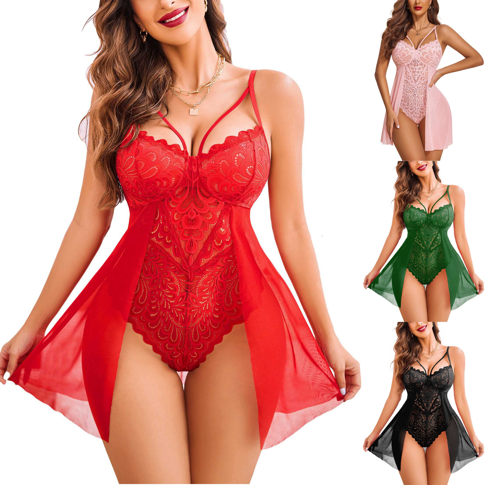 Women’s Floral Lace Babydoll Teddy with Sheer Mesh Skirt and Strappy Neckline