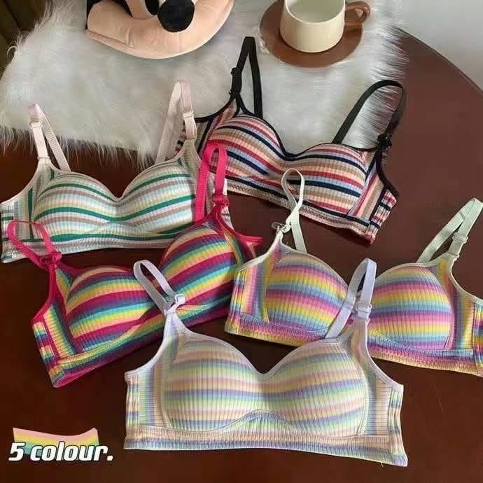 Women’s Colourful Striped Ribbed Bra with Molded Cups, Adjustable Shoulder Straps and Wide Underband