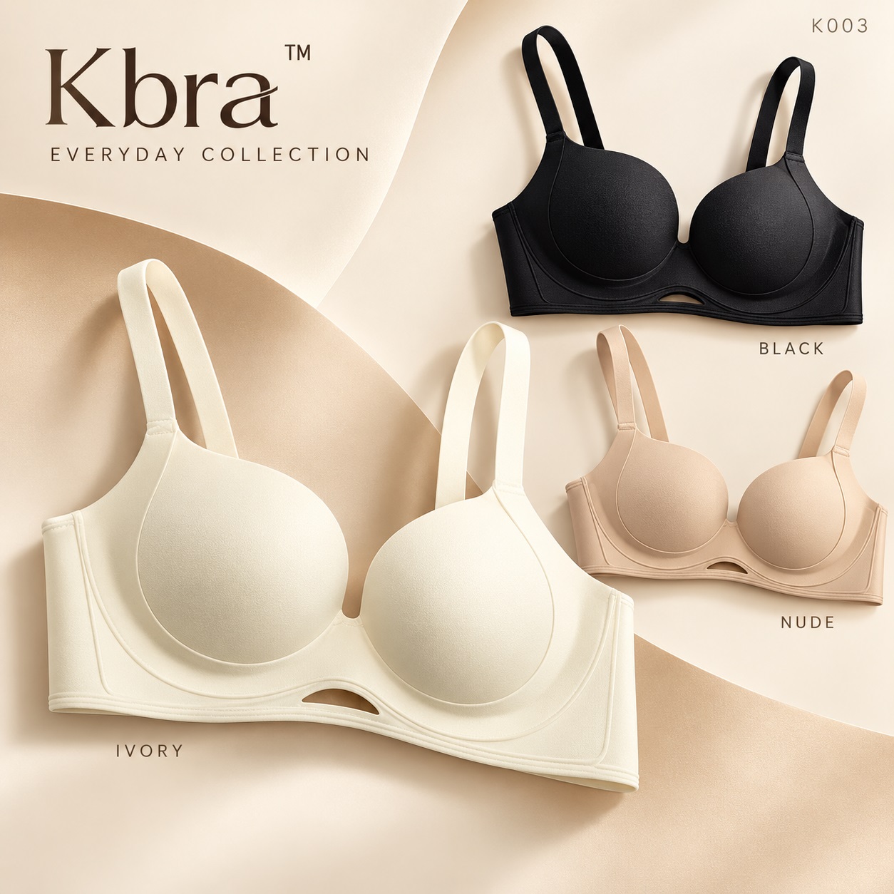 Kbra K003 Women’s Molded Cup Bra with Wide Underband & Front Cutout Detail – Everyday Lingerie in Black, Nude and Ivory