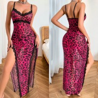 Women’s Lace Trim Long Night Dress – Floral & Leopard Print Slit Sleepwear