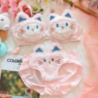 Women’s Cute Cat Plush Bra & Panty Set – Soft Wireless Lingerie Set