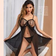 Women’s Sheer Mesh Babydoll Nightdress – Black Lingerie Sleepwear with Panty