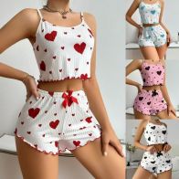Women’s Heart Print Ribbed Cami Top & Shorts 2 Piece Nightwear Set
