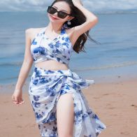 Women’s Floral Halter Neck High Waist Bikini Set with Beach Cover-Up