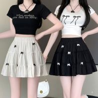 Women’s High-Waist Tiered Bow Mini Skirt with Elastic Waistband