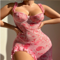 Women’s Sexy Sheer Floral Mesh Maxi Dress with Ruffle Slit & Underwire Bust