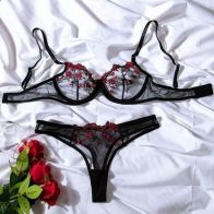 Floral Embroidery Sheer Bra & Thong Set for Women – Elegant Lingerie Set