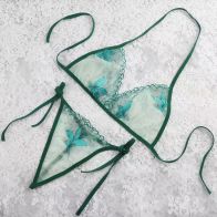 Women’s Green Floral Sheer Lingerie Set – Tie-Up Bra & Thong