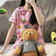 Women’s Pink Cartoon Print Pajama Set – Cute T-Shirt & Shorts Nightwear