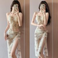 Women’s Floral Print Ruched Two-Piece Set – Crop Top & Side Slit Midi Skirt