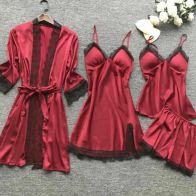 Women’s Satin Nightwear Set with Robe – 4 Piece Lace Sleepwear Set