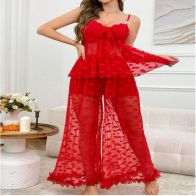 Women’s Red Heart Mesh Nightwear Set – Romantic Top & Palazzo Pajama Set