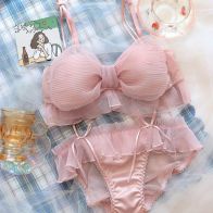 Women’s Pink Pleated Bow Bra and Panty Set