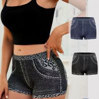 Women’s Denim Look Boyshort Panties with Leopard Print Trim – Jeans Style Short Briefs in Black and Navy Blue